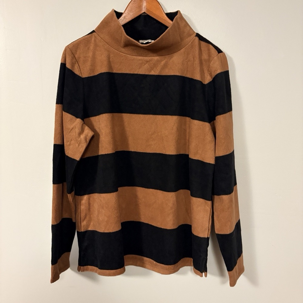 Talbots Top Striped Funnel Neck Microfleece Black Tan Long Sleeve Top Large